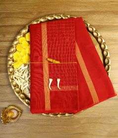 Red Devi Consecrated Cotton Saree with Plaid Pattern