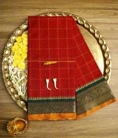 Red Devi Consecrated Cotton Saree with Olive and Gold Border