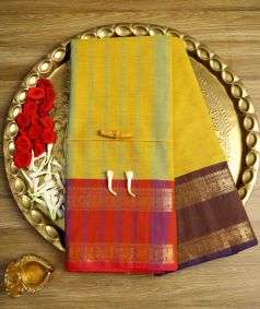 Light Yellow Devi Consecrated Cotton Saree with Red and Brown Border