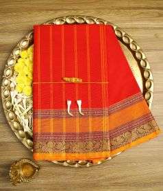 Bright Red Devi Consecrated Cotton Saree with Orange Border