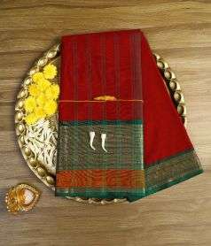 Deep Red Devi Consecrated Cotton Saree with Green Border