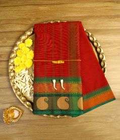 Red Devi Consecrated Cotton Saree with Paisley Border