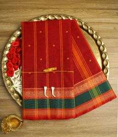 Red Devi Consecrated Cotton Saree with Golden Stars and Peacocks